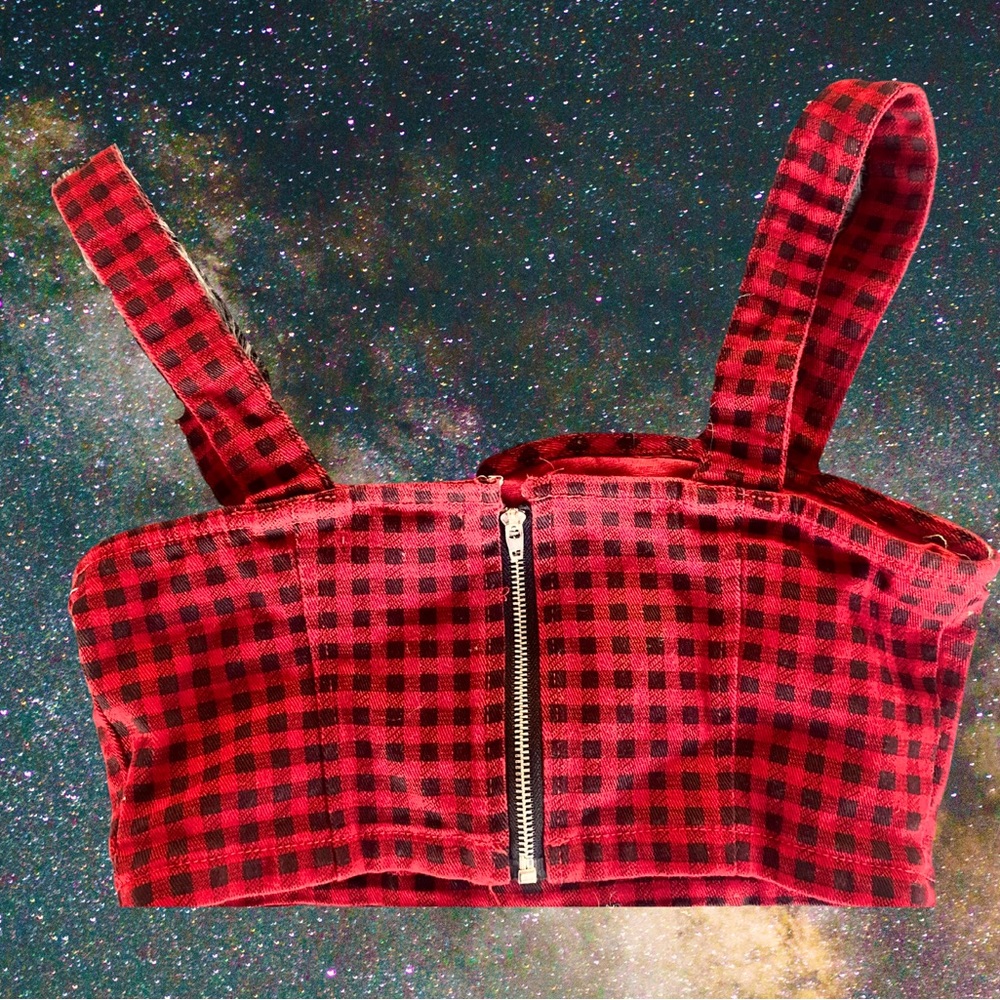MATCHING SET Checkered red and black  Bando  Crop top , matching Zara Pants